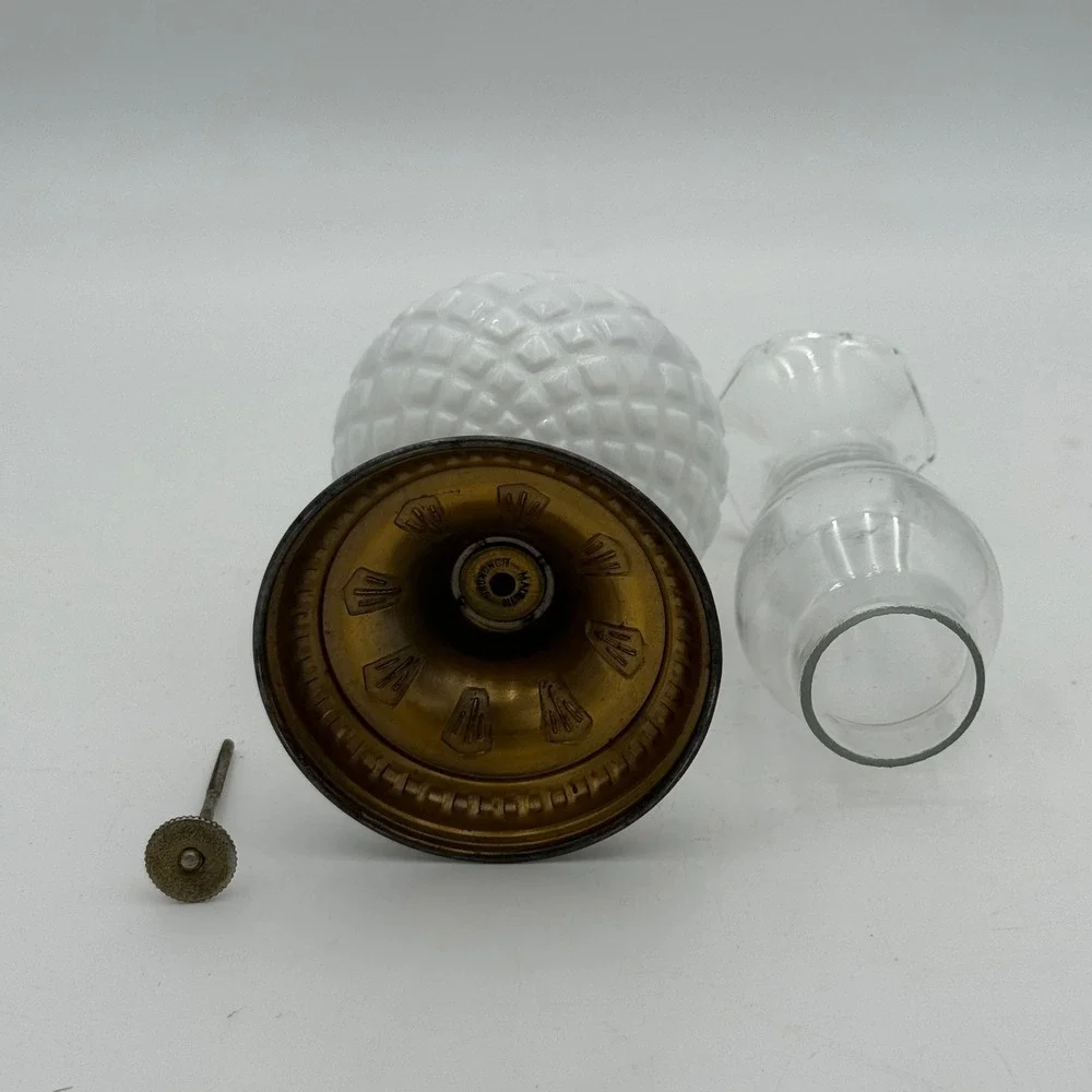 Vintage Miniature Milk Glass Oil Lamp White Hobnail Diamond Pattern Brass Base
